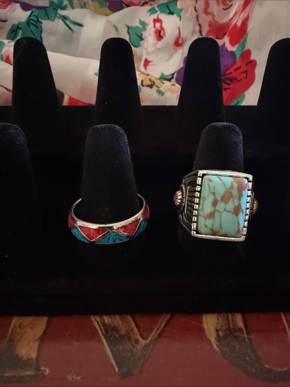 Faux Turquoise and Red Inlay -Style Rings - Women Jewelry/Mens